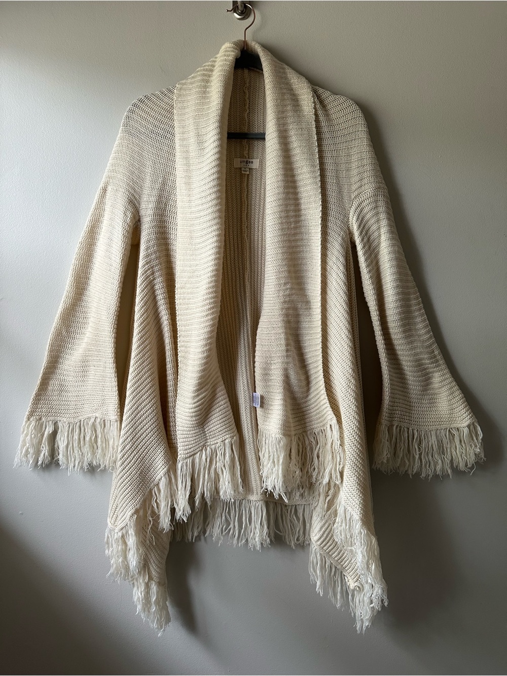 Umgee Cozy Boho Lagenlook Cream Fringe Open-Front Kimono Sweater Size S Coastal